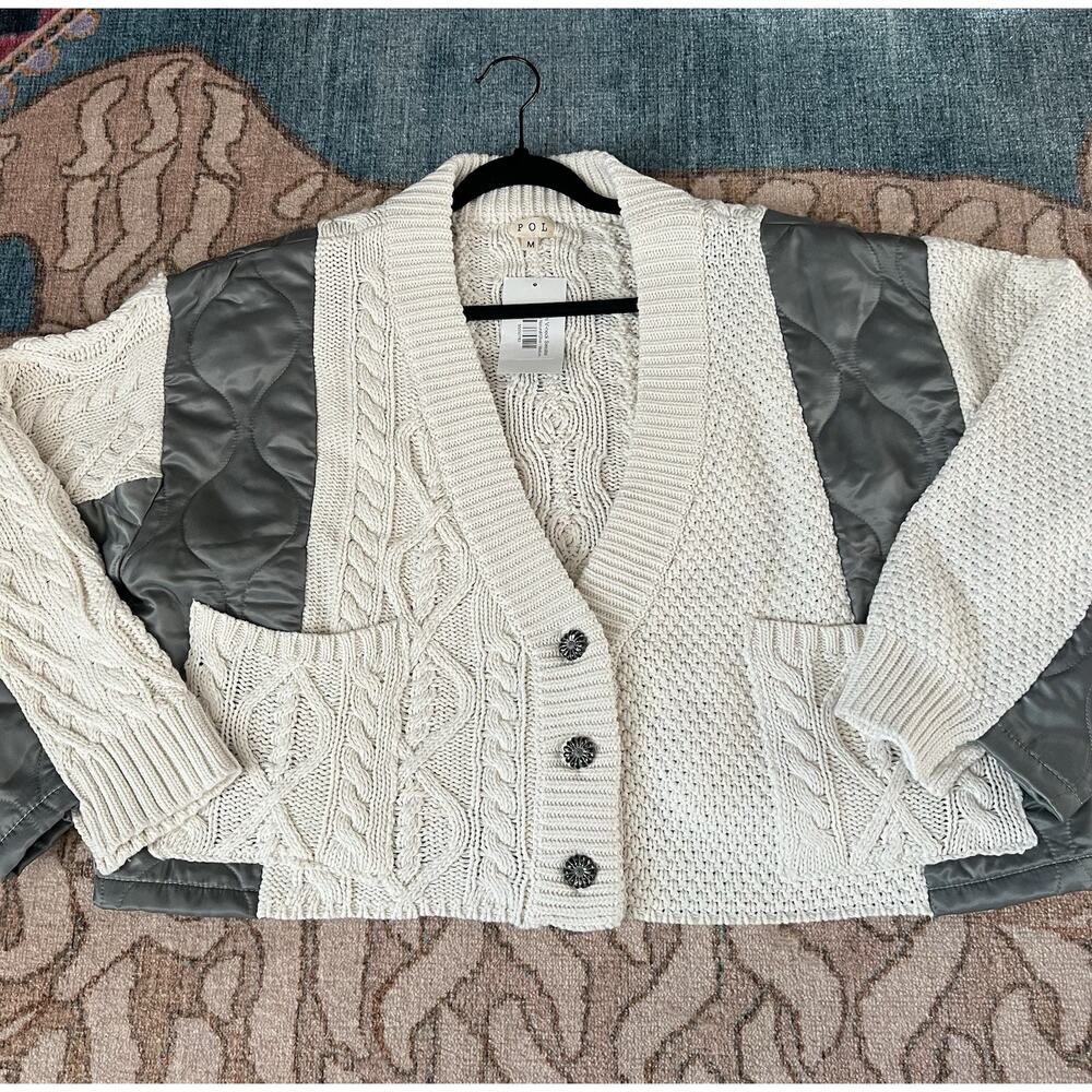 POL Naomi Cable Knit Mixed Media Boxy Grandpa Cardigan Jacket Sz M NWT - Picture 8 of 15